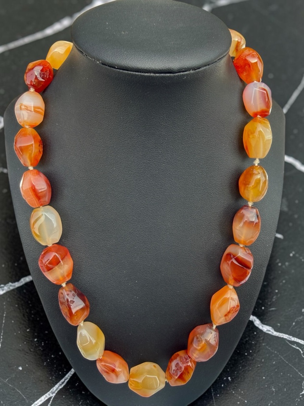 Vintage Chunky Faceted Carnelian Agate Hand Knotted Statement Necklace Silver